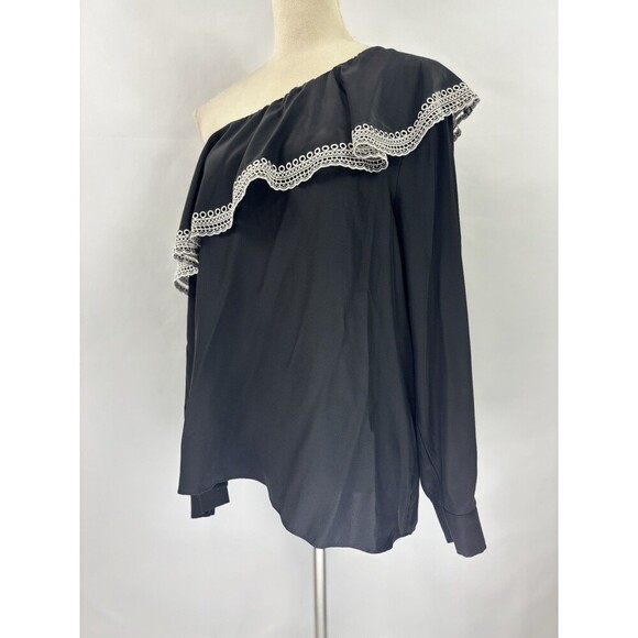 Parker One Shoulder Silk Top Black White Trim Medium Ruffled Asymmetrical - Picture 1 of 9